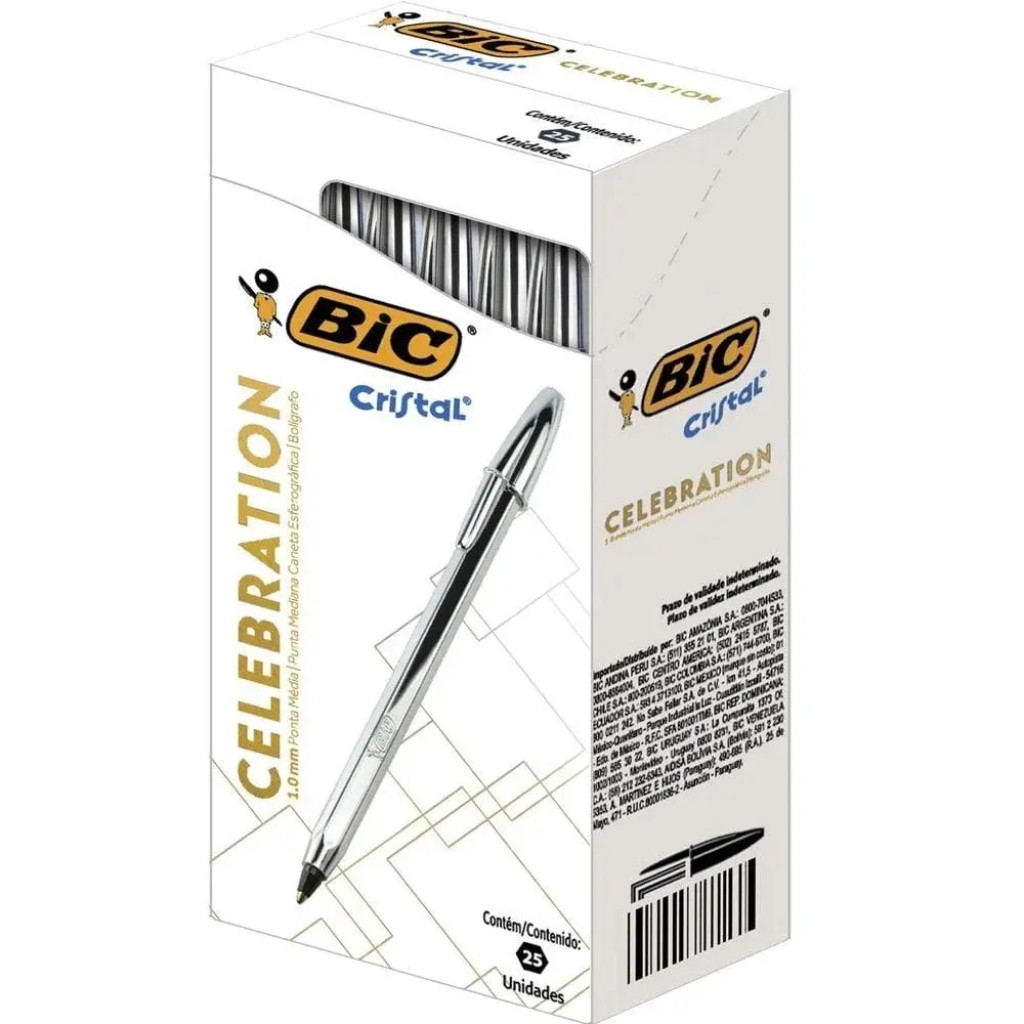 Caneta Esferográfica Celebration Prateada Tinta Preta 25 Un. BIC