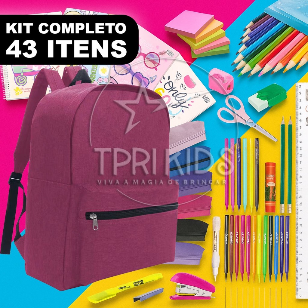 KIT MATERIAL ESCOLAR COMPLETO MOCHILA MENINA ENSINO FUNDAMENTAL MÉDIO FACULDADE ESCOLA ESTOJO CADERNO FEMININA ROSA PINK