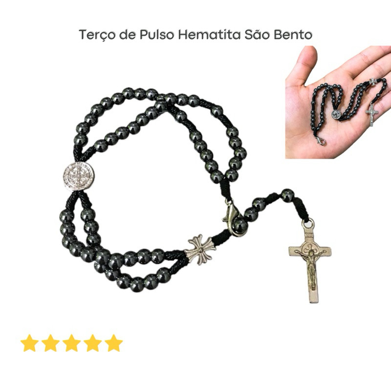 Terço de Pulso Pulseira Hematita e Aço inox São Bento