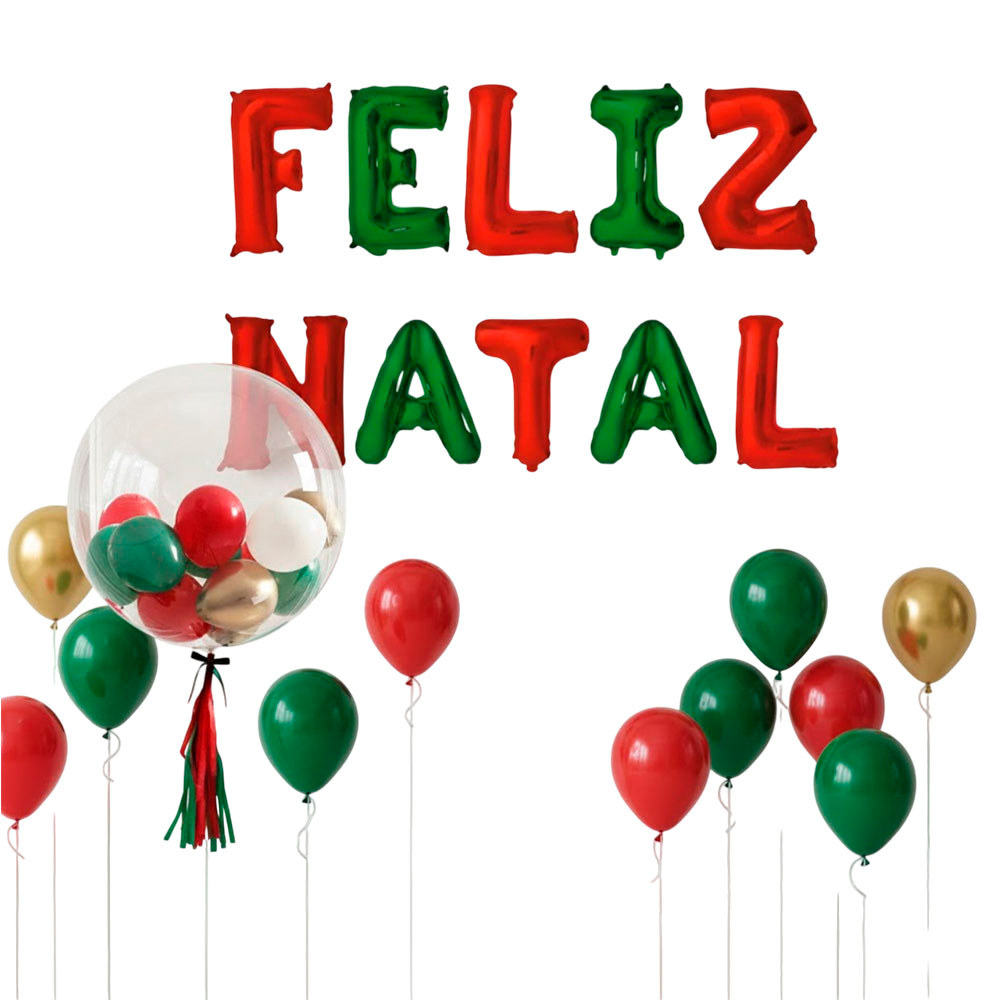 Balão Kit Feliz Natal Metalizado Decoração Natalina Festa Final de Ano Enfeite de Mesa Ceia Bexiga Metalizada Parede