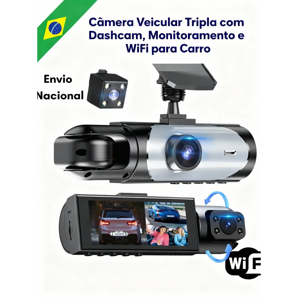 Câmera Veicular Tripla com Dashcam, Monitoramento e WiFi para Carro em Oferta na Shopee