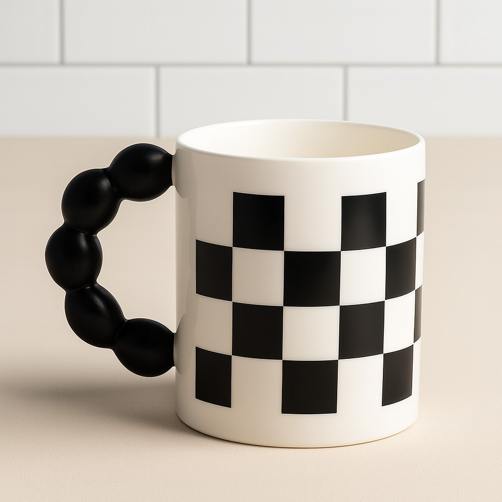 Caneca Quadriculada 400ml Criativa Moderna Alça de Bolinhas