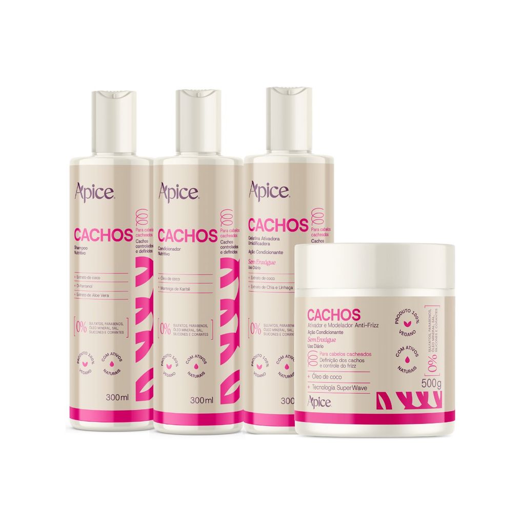 Kit Shamp, Cond, Ativador e Gelatina cachos Nova Fragrância - Apice