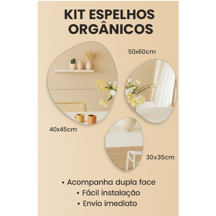 Kit 3 Espelhos de vidro  Orgânico Decorativo Lapidado Moldura Sem Moldura e com kit para instalação