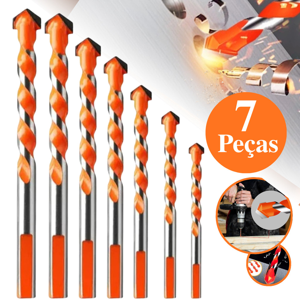 Broca Tungstênio Fura Tudo Kit 7 Super Bit Carboneto Diamantada Profissional Escalonada Multi Uso