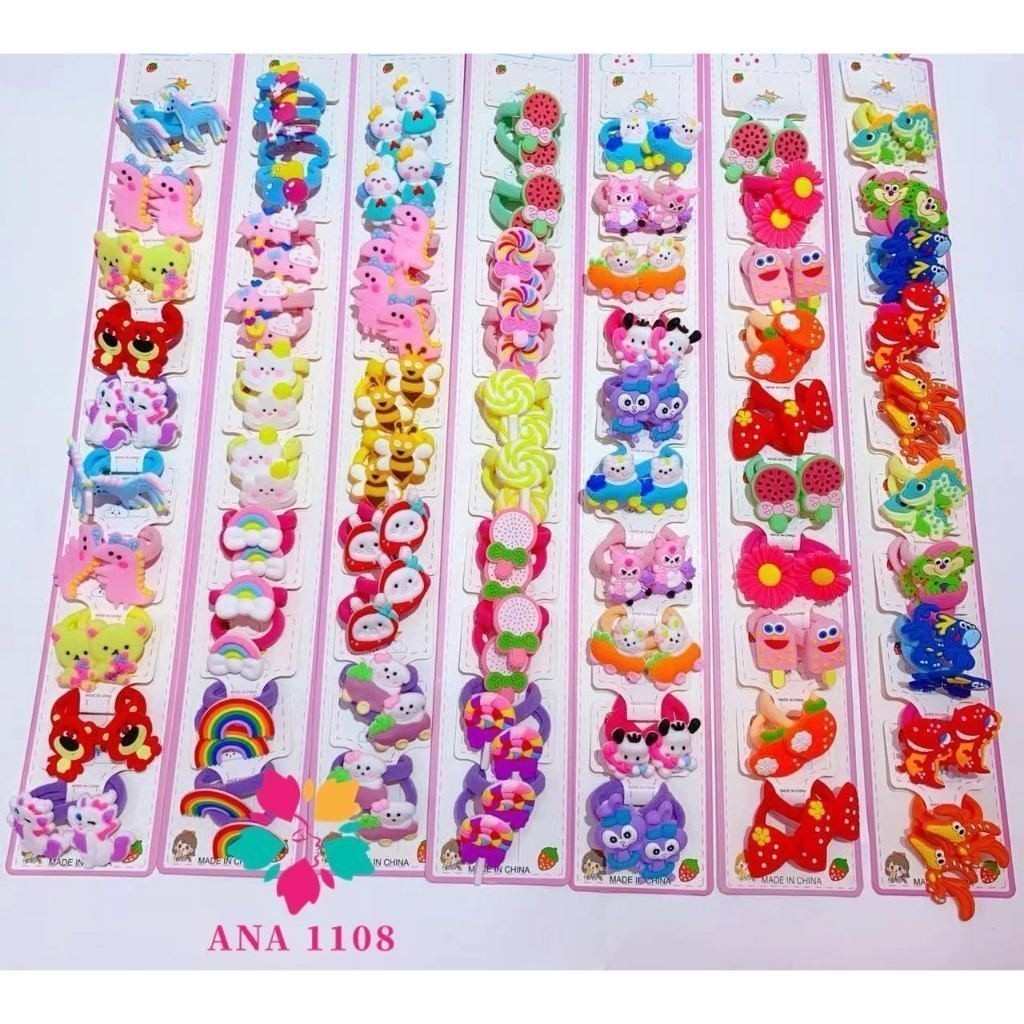Cartela com 10 pares de xuxinhas com Detalhes de Silicone Laço/Borboleta/Coroa/Unicornio/Aleatorio