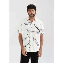 Camisa Masculina Manga Curta Estampada Em Linho