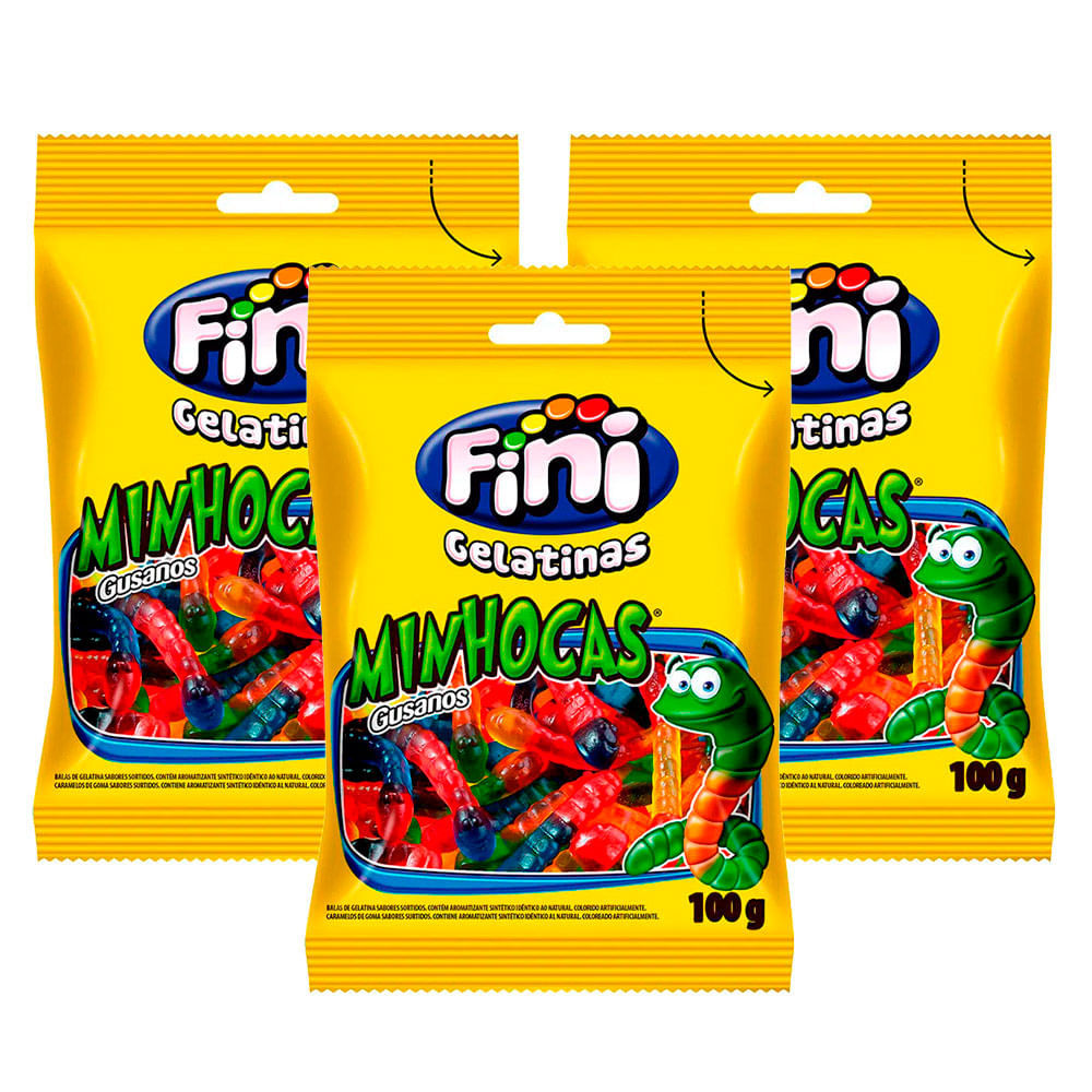 Kit 3 Balas de Gelatina Fini Minhocas Sortidas 100g em Oferta na Shopee
