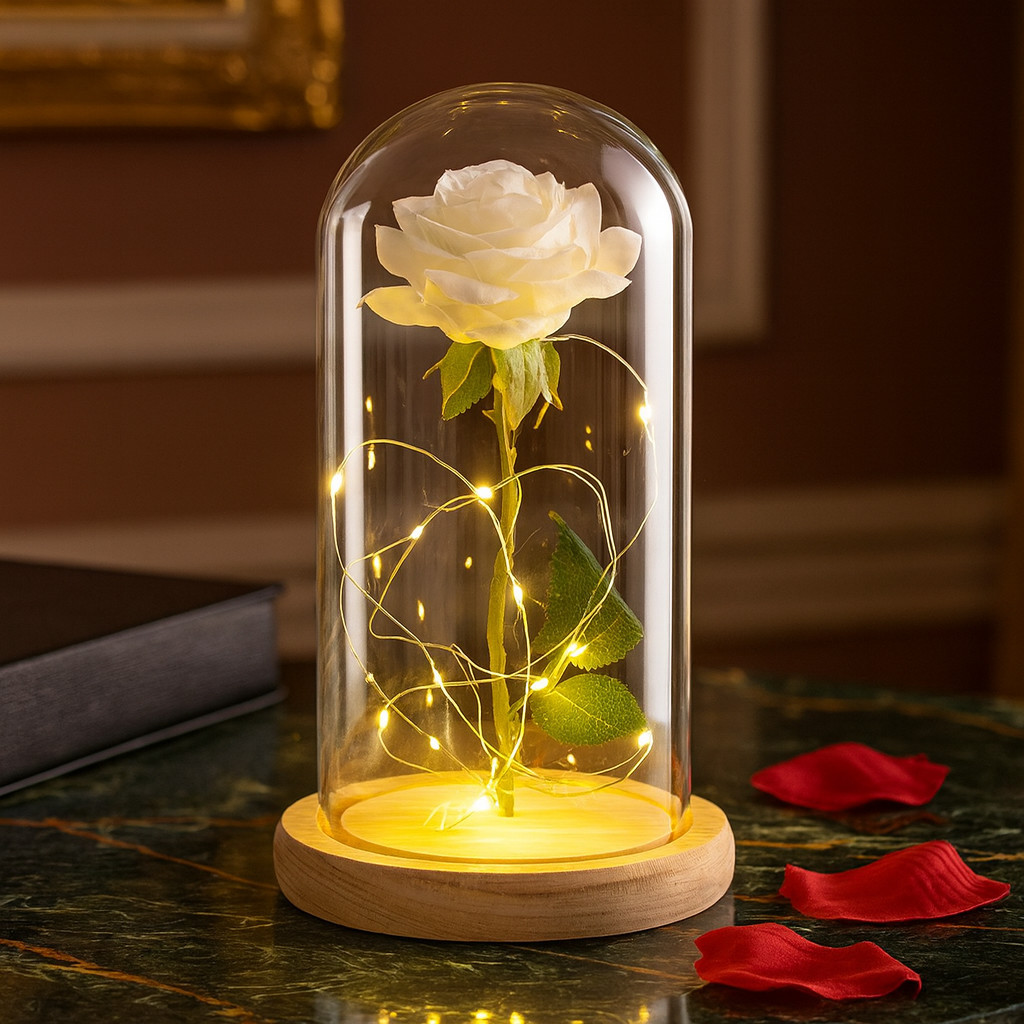 Flor Artificial Na Cúpula Com Led Color Rosa Branca Decoração Luxo