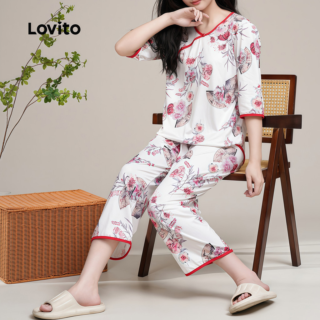 Detalhes do Lovito Refine Pijama Feminino Casual com 2 Peças, Estampa Floral, Elegante e Aconchegante, LNE126142
