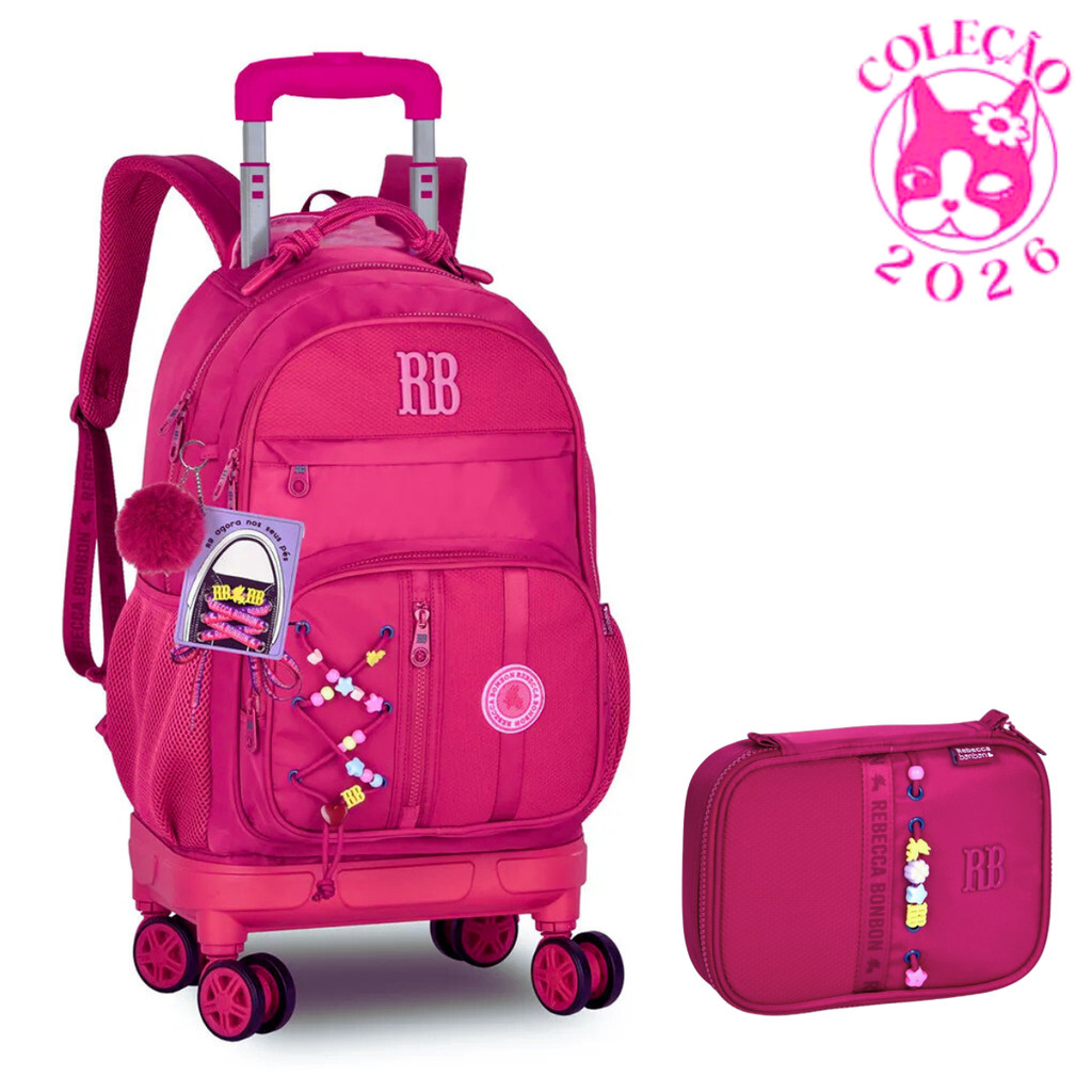 Kit Mochila de Rodinhas 360º Com par de Cadarços e Estojo Rebecca Bonbon Beaded Fun Cor:Rosa
