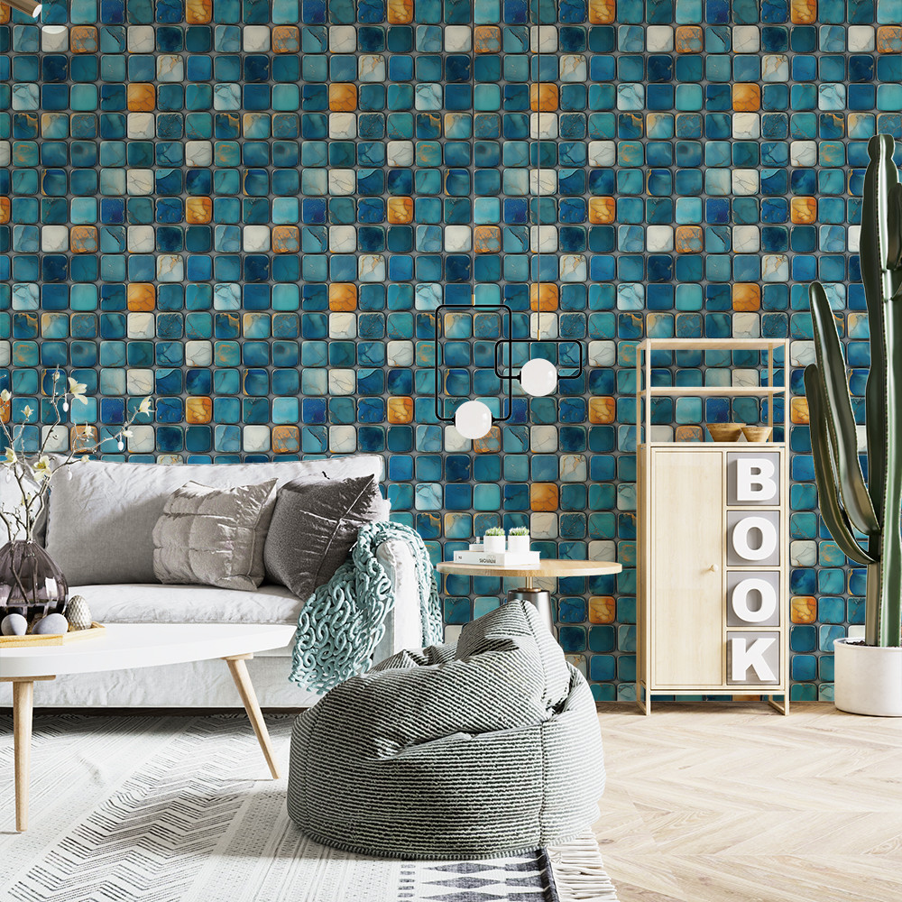 Papel de Parede Azulejo Pastilha Azul Turquesa e Ouro Velho