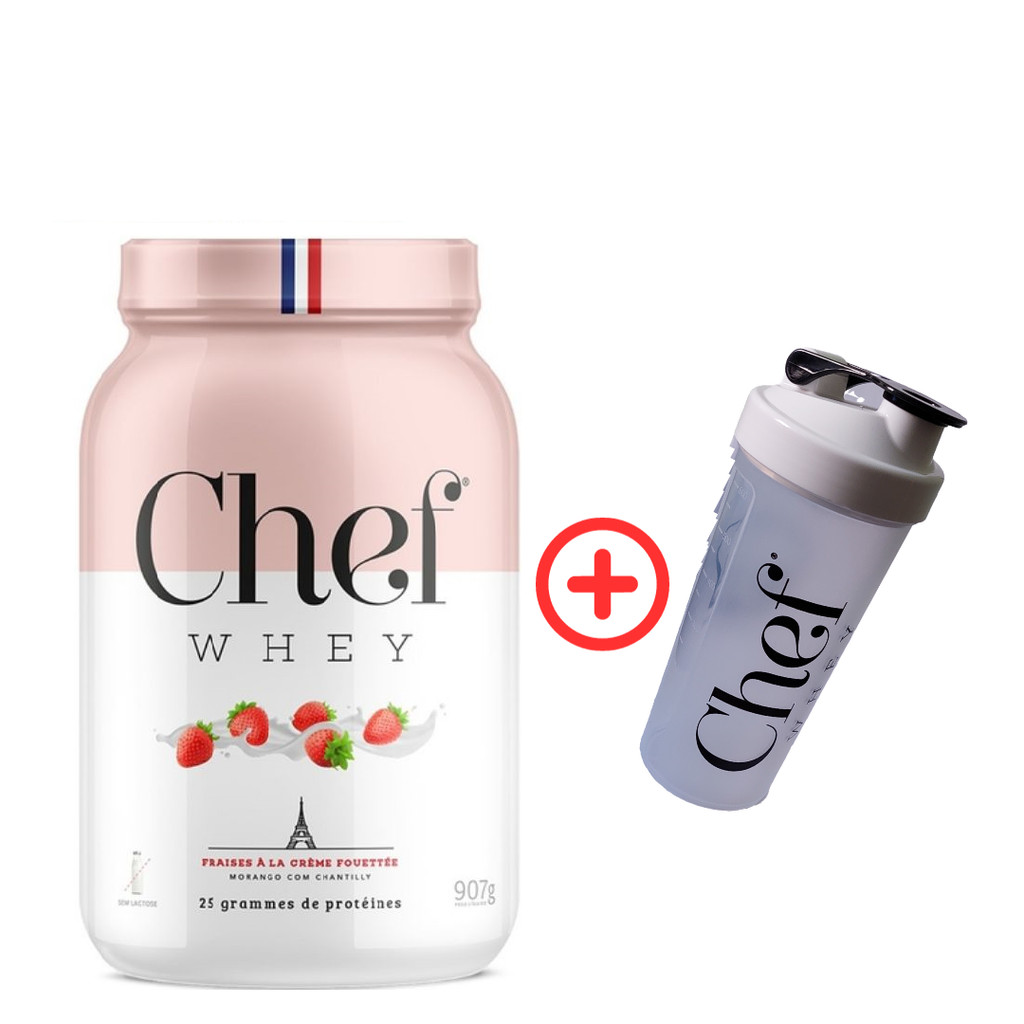 Whey Protein Gourmet Zero Lactose 907g - Morango com Chantilly + Coqueteleira - Chef Whey