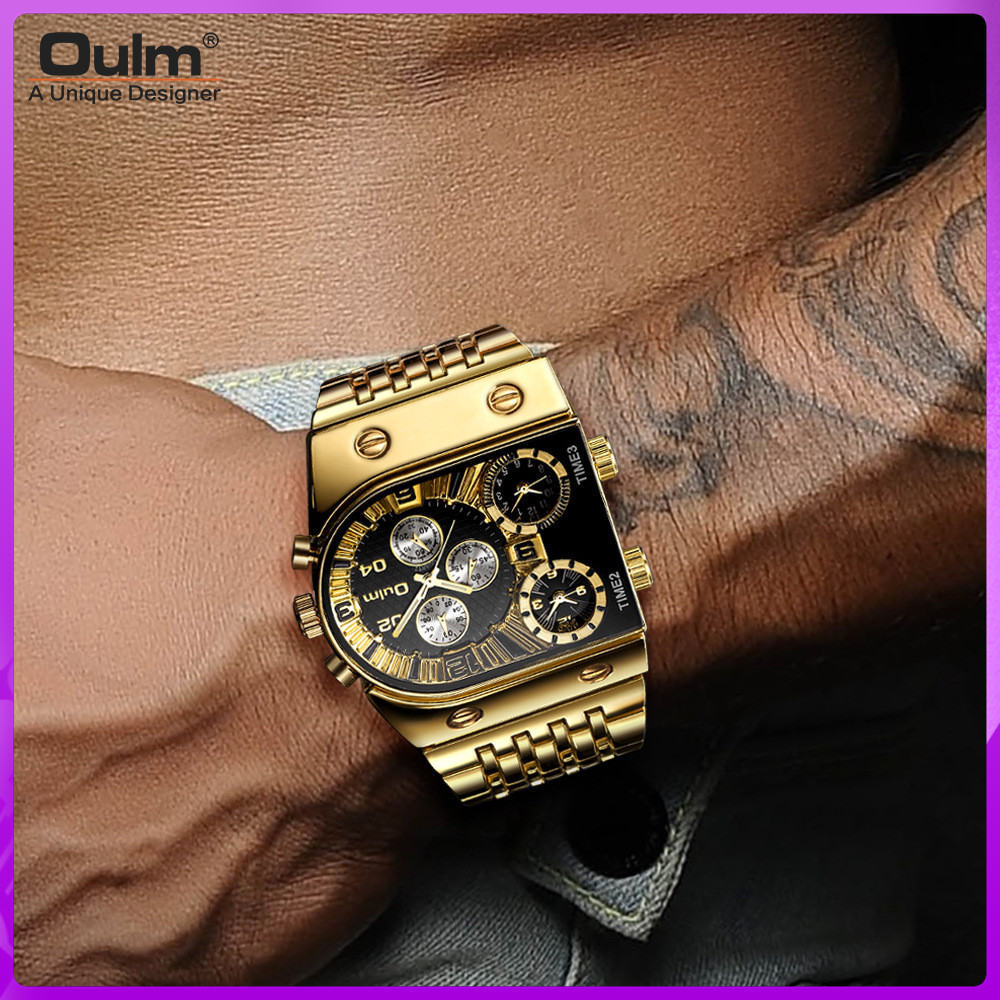 Oulm novo relógio multi-fuso horário, relógio masculino de luz noturna, relógio de quartzo casual, ouro