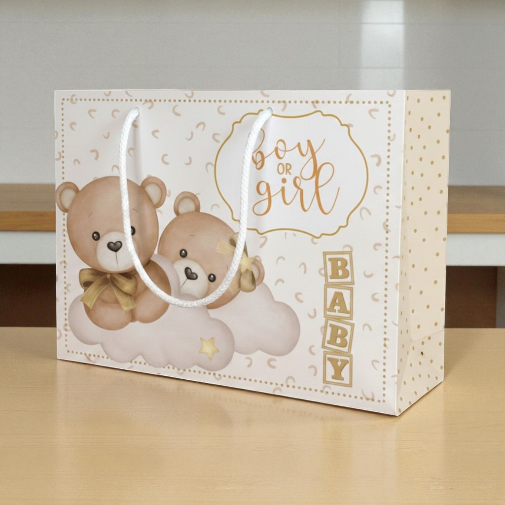 SACOLA CHÁ REVELAÇÃO URSINHO DOURADO Personalizado | Sacolinha | Lembrancinha | Mimos | Aniversário URSINHO DOURADO