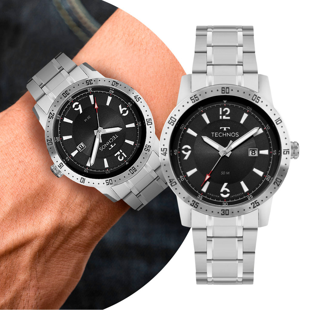 Relógio Masculino Prata e Preto com Caixa e Pulseira de Aço Inoxidável Luxo Elegante Casual Social Tecnhos Original