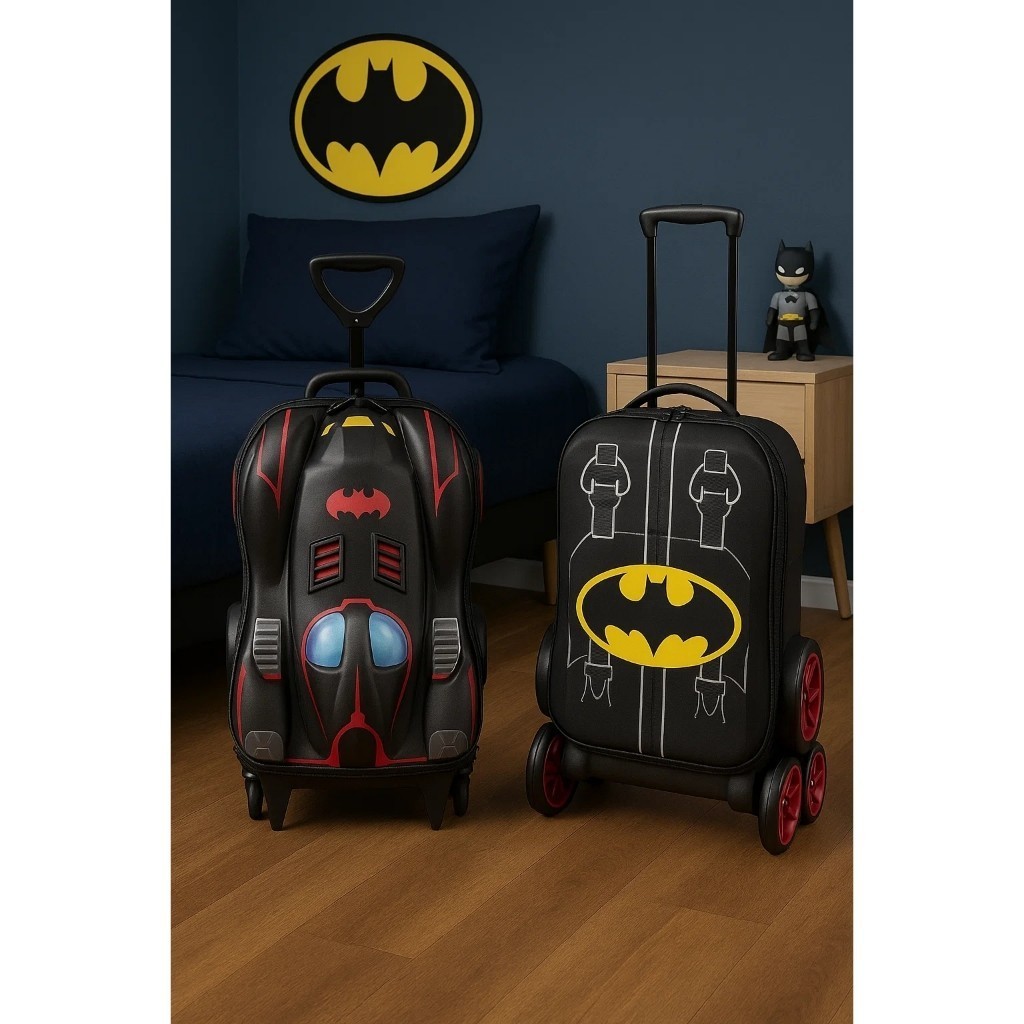 Mala Infantil Carrinho Batman Rodinhas Mochila Criança Personagem Viagem Bolsa Bagagem