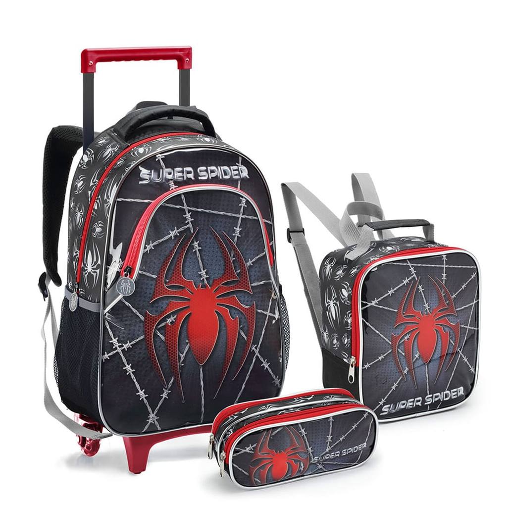 Kit Escolar Infantil – Mochila de Rodinha + Lancheira Térmica + Estojo Super Spider