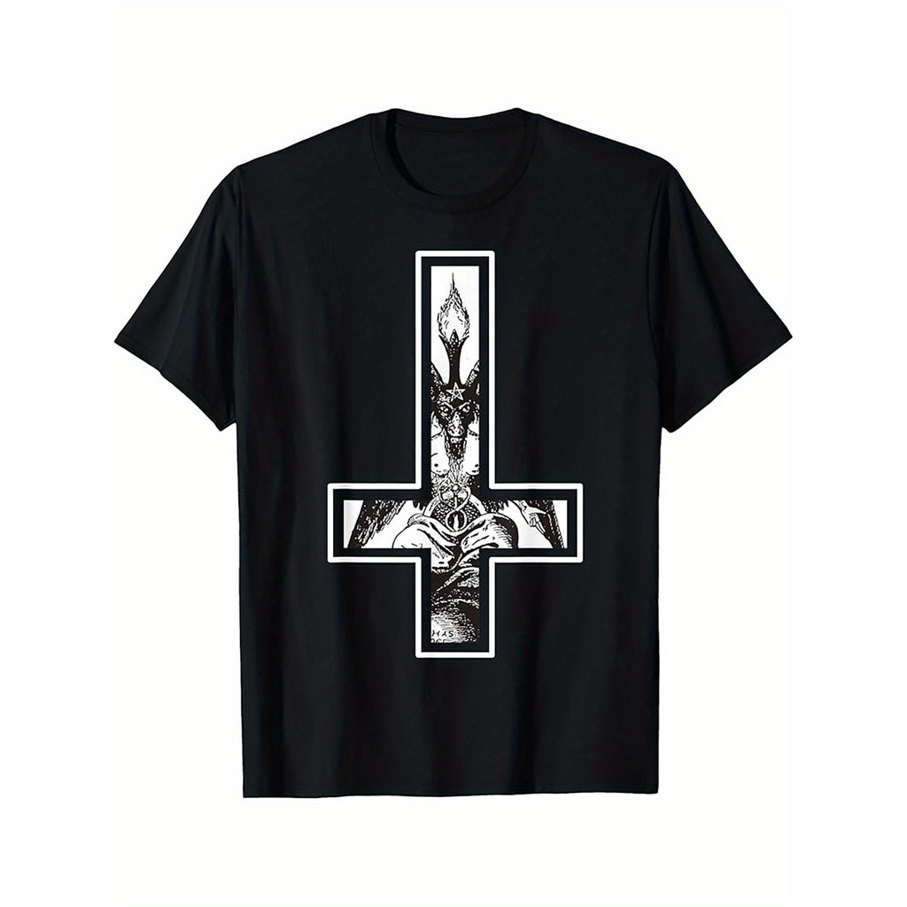 Camiseta Masculina Baphomet Cruz Invertida Gótico Satânico Estampada Preta Confortável Estilosa Divertida Moda Casual em Oferta na Shopee