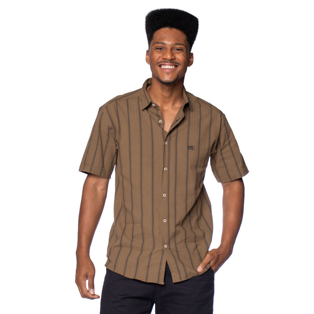 Camisa Masculina Gangster Manga Curta Algodão Listras Musgo em Oferta na Shopee