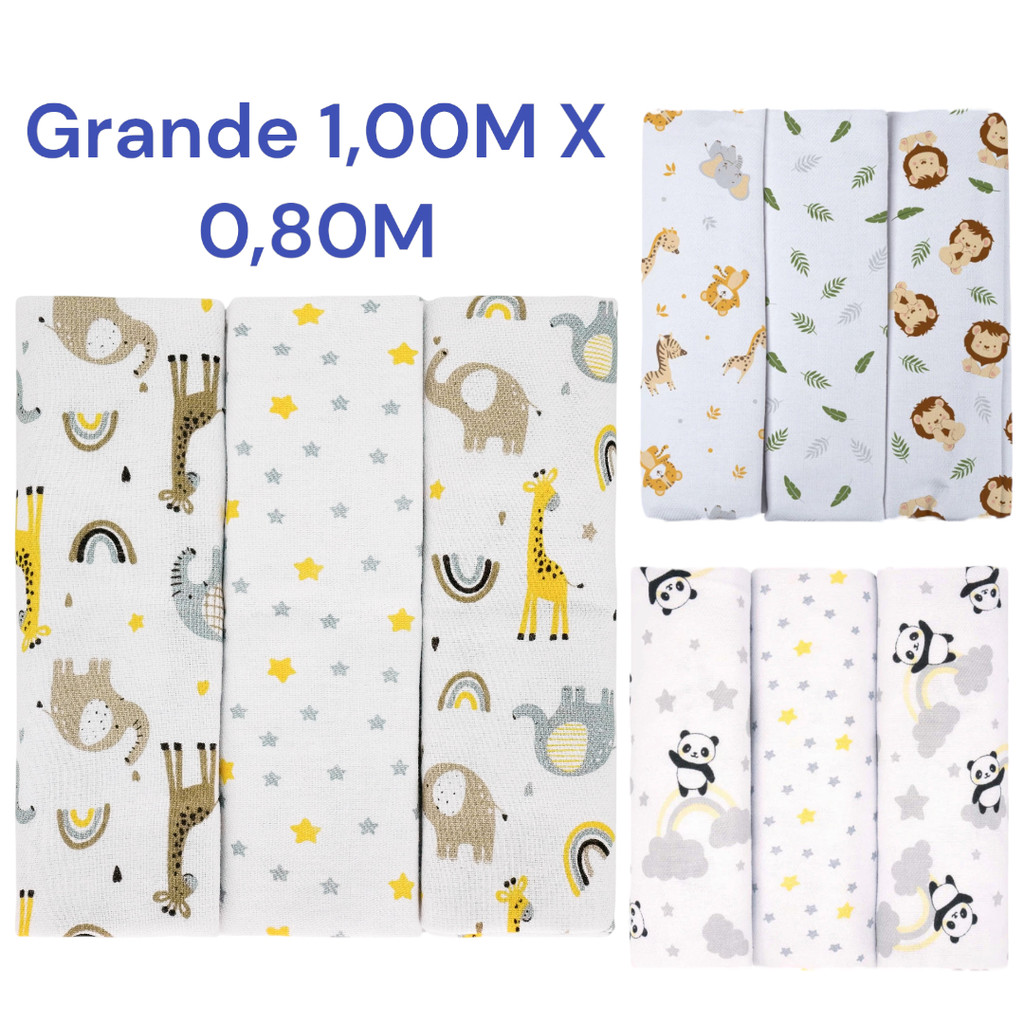 Kit 3 Cueiros Grande 1,00 M X 0,80M Bebê Estampado 100% Algodão Bublim Masculino