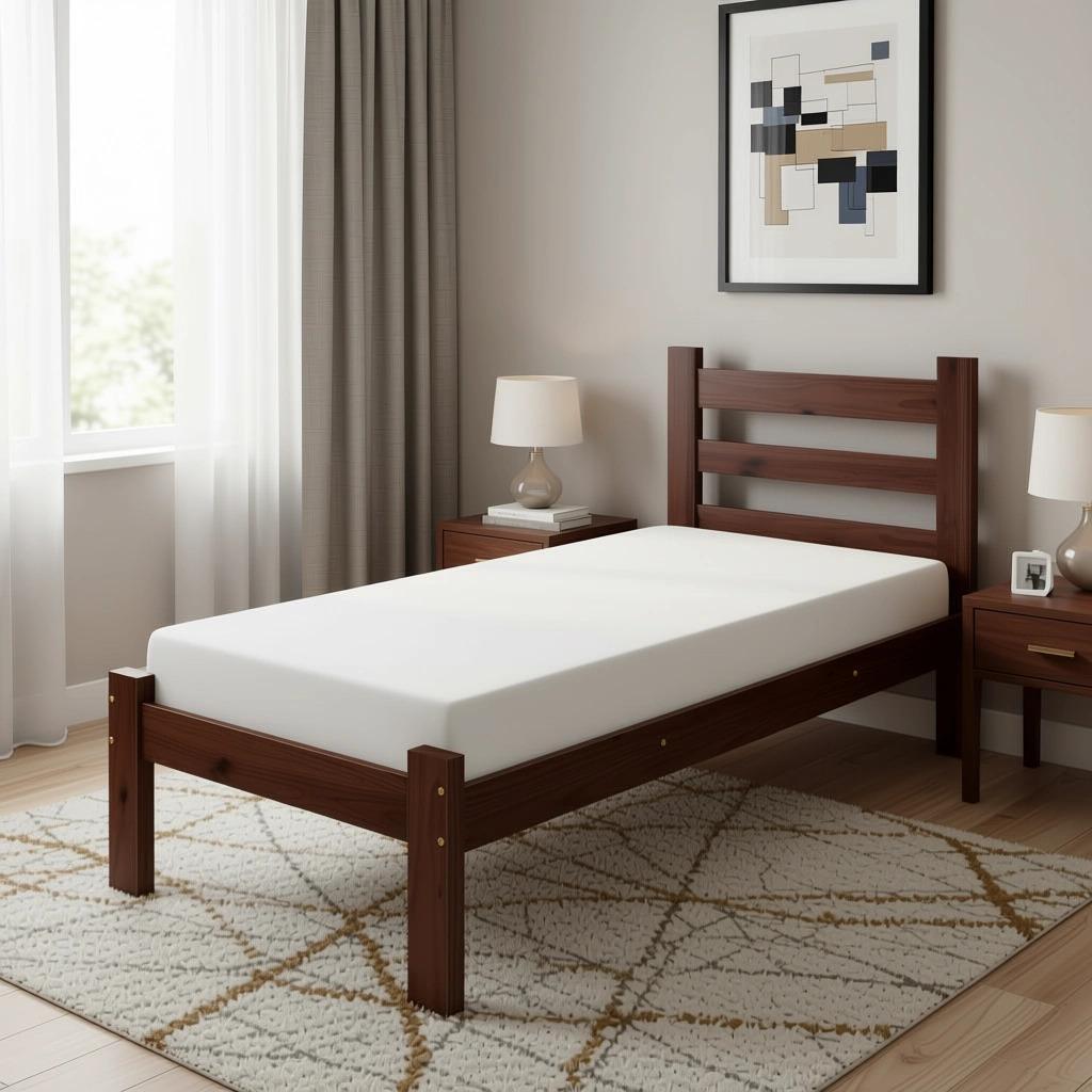 Cama Solteiro Madeira Maciça Reforçada Castanho com Colchão