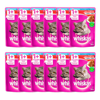 Kit 12 Ração Úmida para Gatos Whiskas Adultos 1+ Anos Castrados Sabor Carne em Sachê 85g em Oferta na Shopee