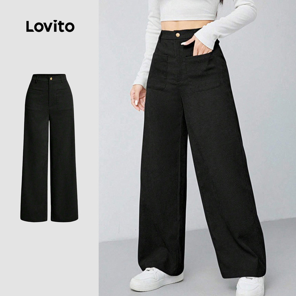 Lovito Calças Casuais com Bolsos Primavera/verão Pretas para Mulheres L158AD143 em Oferta na Shopee