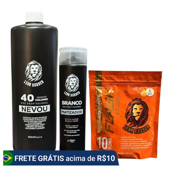 1 Pó Descolorante  Flash + 1 Matizador Branco 250ml + 1 Água Oxigenada 40 Vol 900ml – Leon Barber