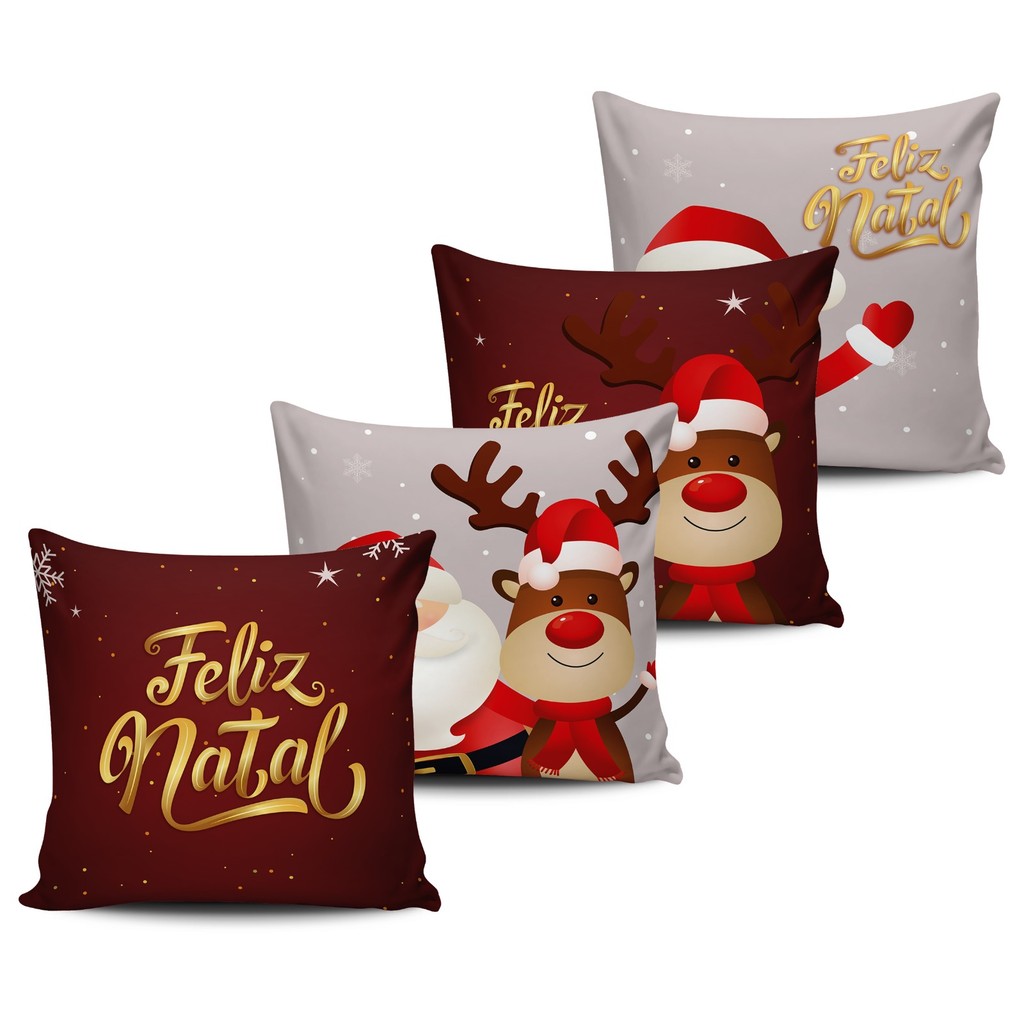 Kit 4 Capas de Almofada Decorativa Feliz Natal Papai Noel Dourada
