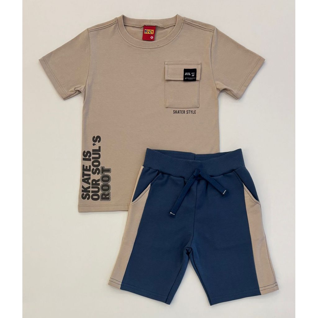 Conjunto Infantil Menino Kyly Camiseta Com Bolso e Bermuda Moletom Verão Moda Kids