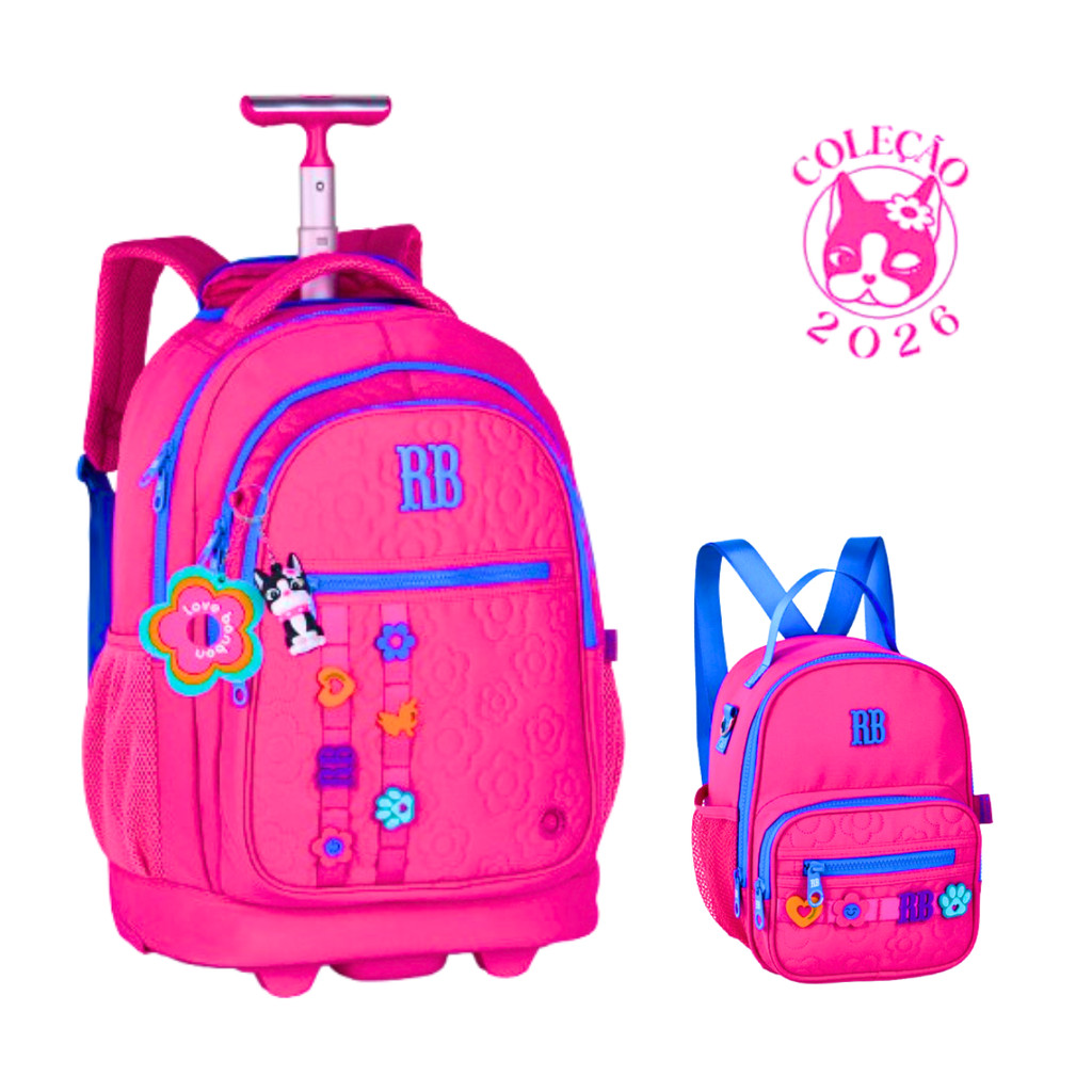 Kit Mochila de Rodinhas Com lancheira Rebecca Bonbon Flower Power - Clio Style Cor:Rosa