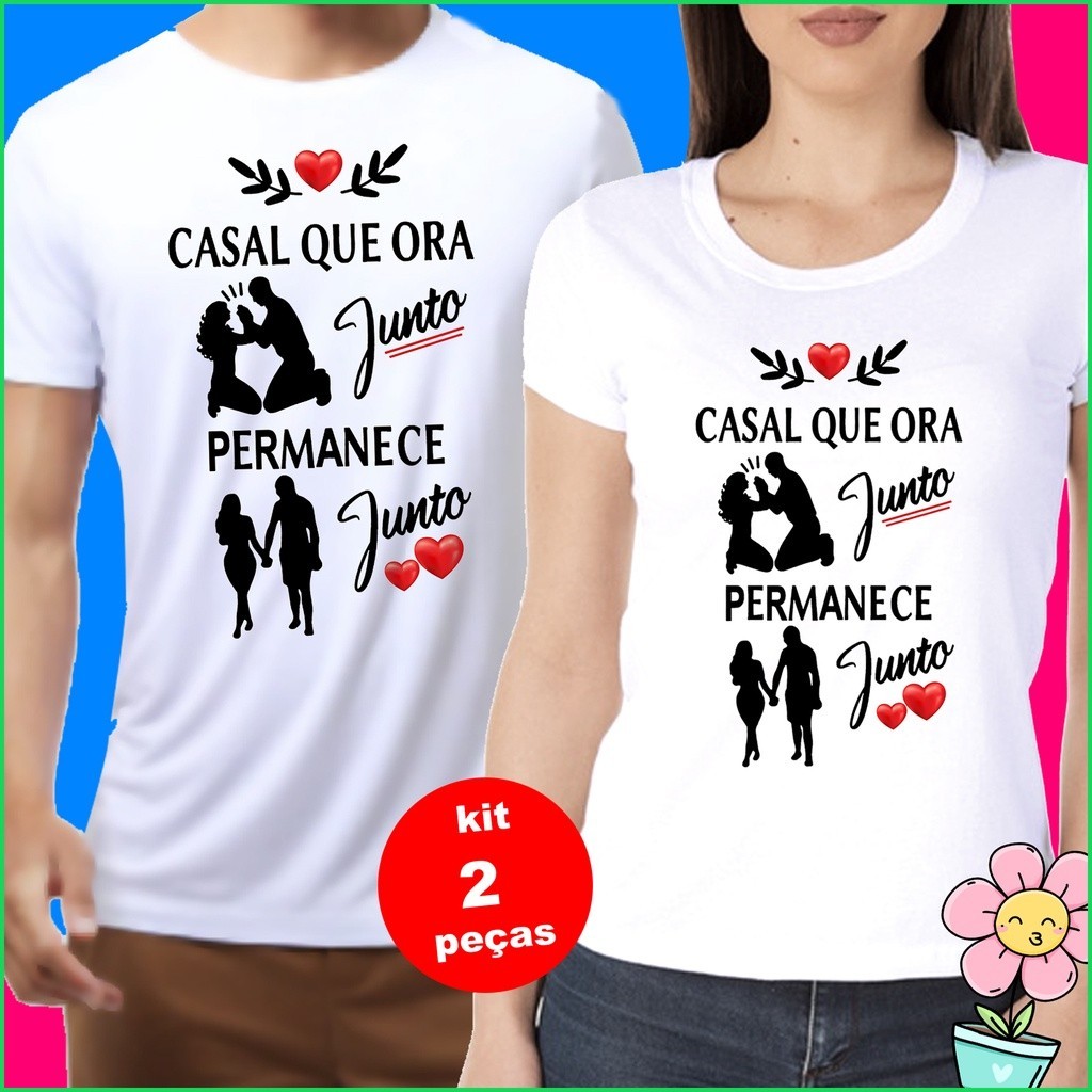 Kit Camisetas Casal Evangelico Ora Junto Pemanece Junto Camiseta 100% Algodão Faby shop moda