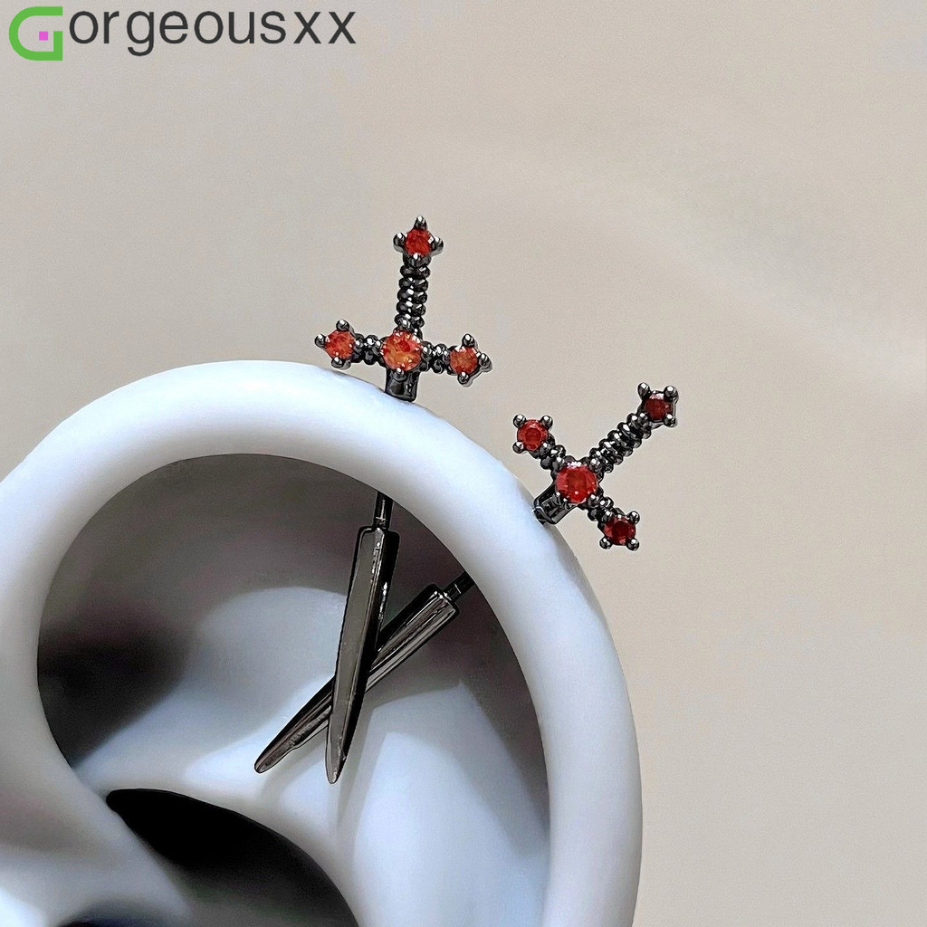 [Gorgeousxx] Brincos De Orelha Cruzados De Espada Punk Gótico Para Mulheres , Punhal De Zircônia Vintage , Joias