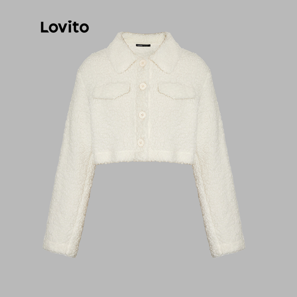 Lovito Jaqueta Casual Com Botão Liso E Aba Frontal Jaqueta De Pelúcia Para Mulheres L39AD009 (Branco Off) em Oferta na Shopee