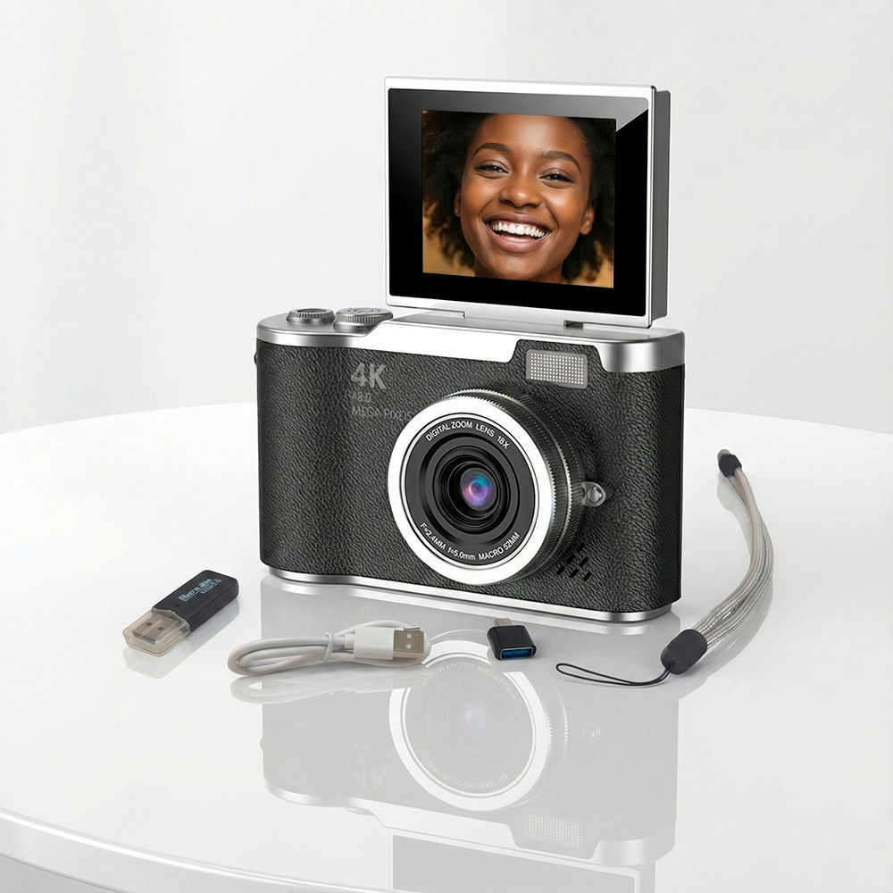 Câmera Digital Tela Giratória de 2.4 Selfie  4K 1080P 720P VGA Bateria 4 Horas Adesivos Pulseira Pen Drive