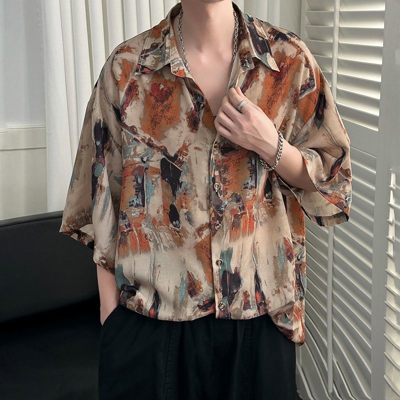 Camisa Floral masculina High-End sentimento bonito verão fino de manga curta masculino gelo seda usar camisa Retro estil