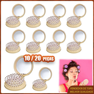 Kit 10/20 Marrom Escova de cabelo para viagem mini escova dobrável com espelho de maquiagem mini pente redondo em Oferta na Shopee