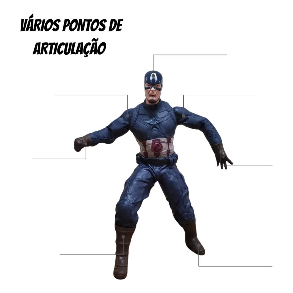 Detalhes do Boneco Capitão América Gigante 45cm c/ Escudo Articulado Infantil Revolution Mimo Toys - 0514