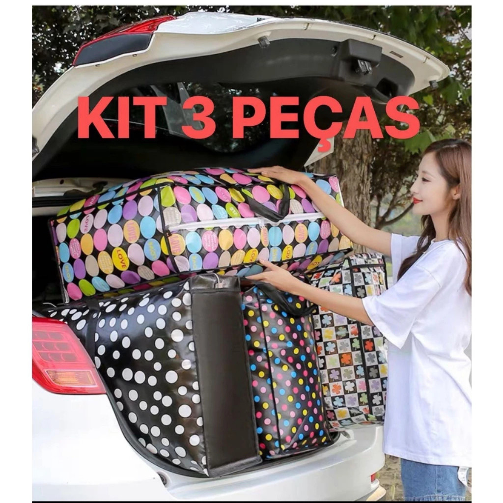 Kit 3 Sacolas de Feira Grande Zíper Impermeável Bolsa Sacoleira Resistente Viagens Compras Sortidas em Oferta na Shopee