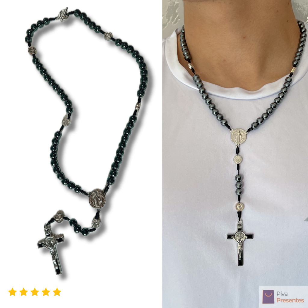 Terço de Pescoço São Bento Hematita Proteção Fé Católica Pescoço Unissex Premium Artigo Religioso