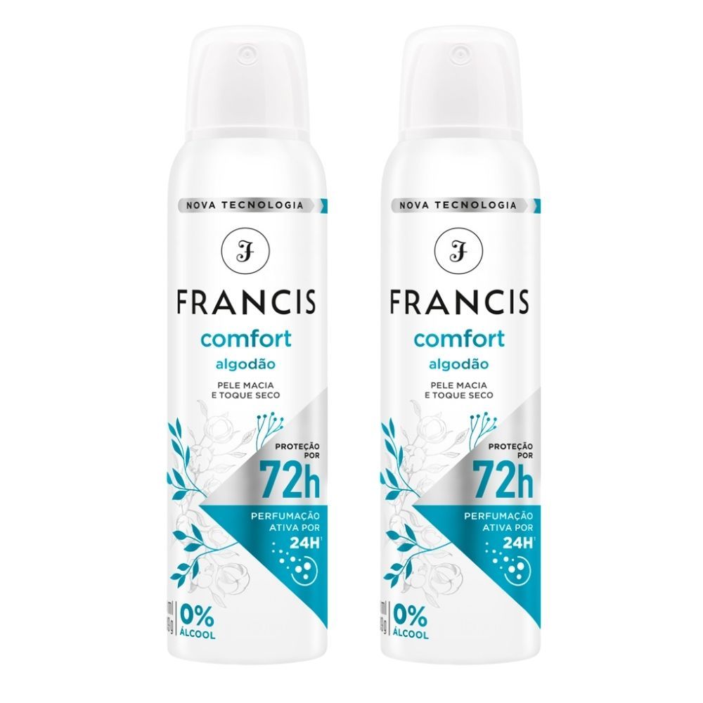 Kit 2 Desodorante Francis Comfort Algodão Aerosol Antitranspirante 72h 150ml em Oferta na Shopee