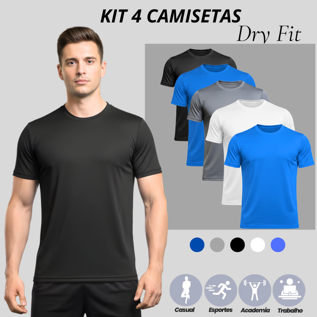 Kit 4 Camisetas Poliéster DryFit Masculina Lisa Academia Corrida Casual Esportes Confortável