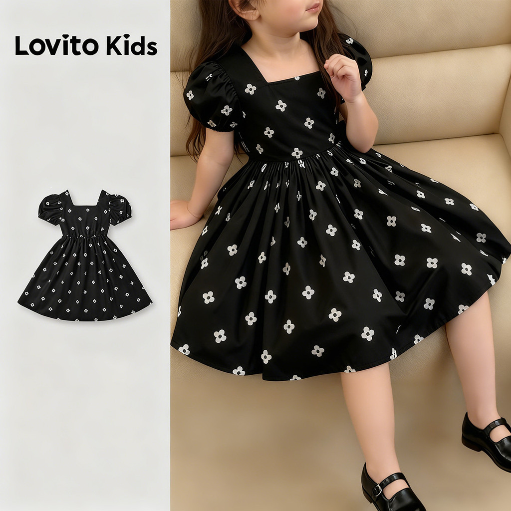 Lovito Kids Vestido Casual Babado Primavera/verão Preto para Menina L168LD183 em Oferta na Shopee