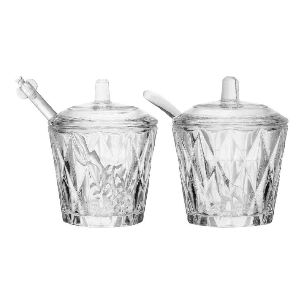 Conjunto Açucareiro e Meleira Cristal Porta Açucar Pote De Mel Com Colher Pegador Chique Luxo