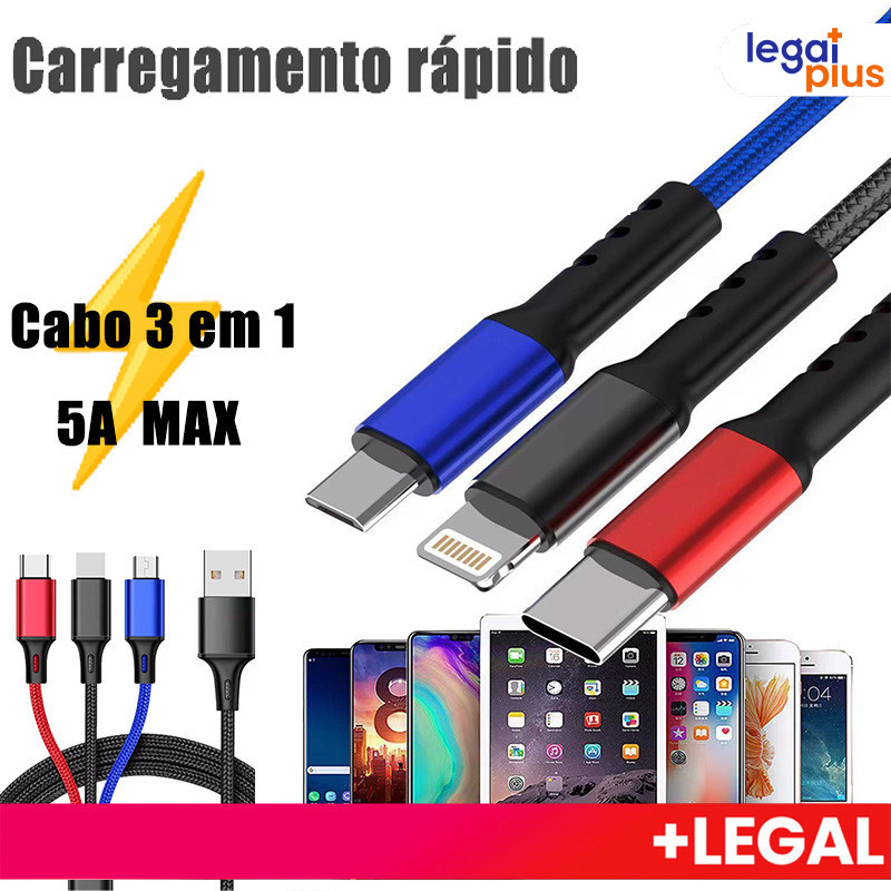 Cabo 3 em 1: Um Cabo para iPhone, Android e Todos os Dispositivos! Carregamento Rápido de Alta Velocidade！