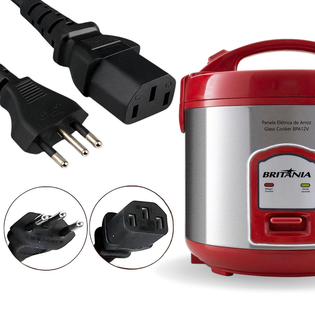 Tomada Para Panela Elétrica Britania 3 Pinos 10A Cabo de Força1,5m Compatível Britânia Vermelha Inox