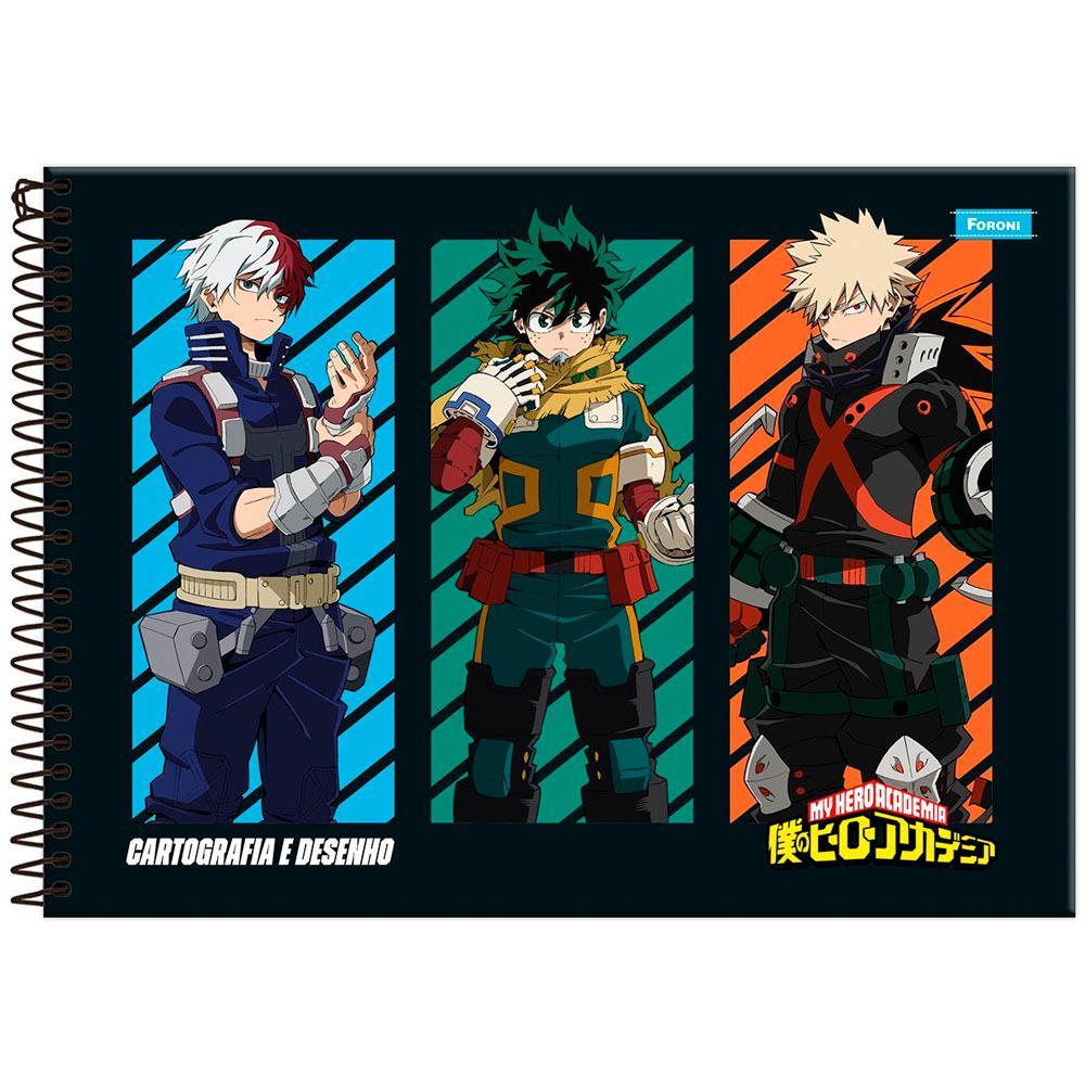 Caderno Cartografia e Desenho Grande 20x27,5cm Espiral 80 Folhas Boku no My Hero Academia Trio Foroni
