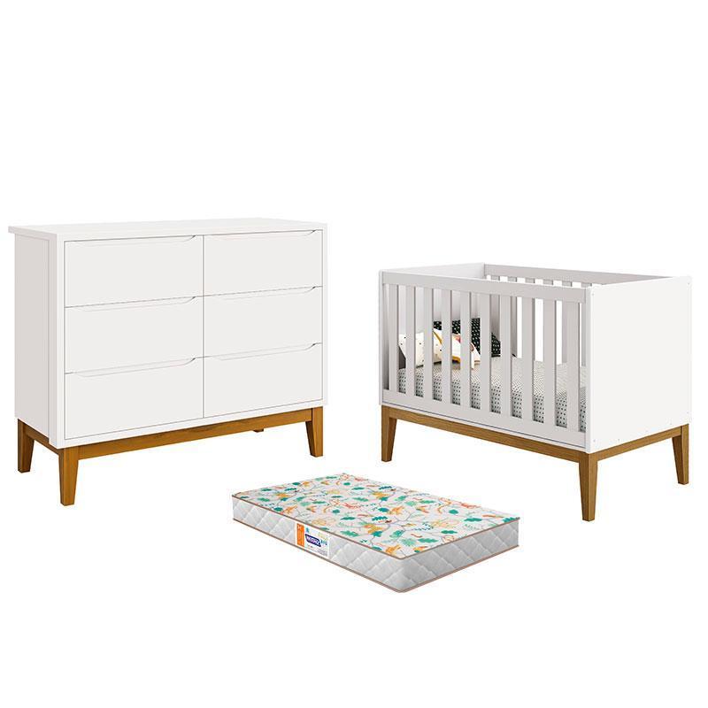 Berço Americano e Cômoda 6 Gavetas New Classic Branco com Pés Madeira e Colchão Gazin  – Reller