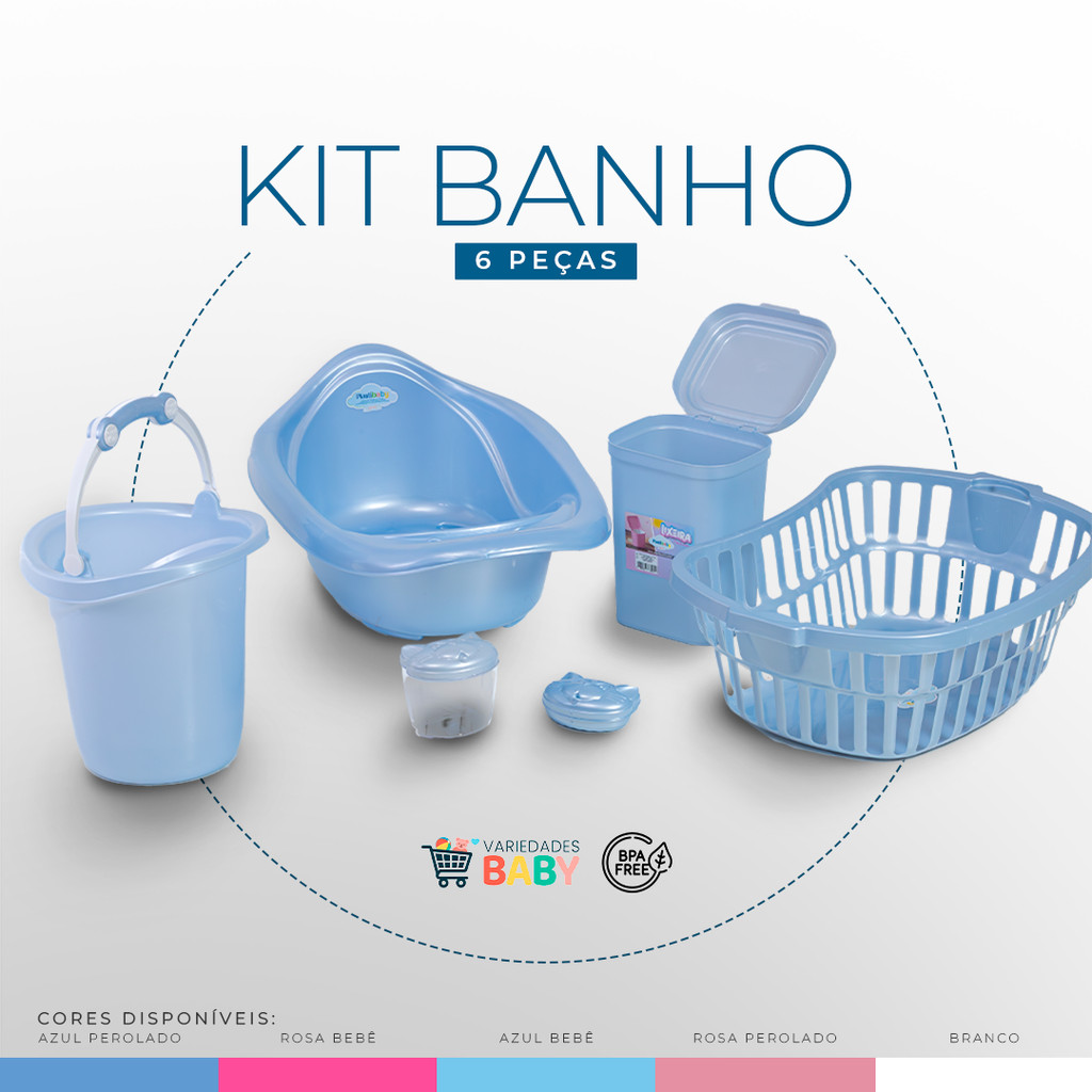Kit Bebê Banho 6 Pçs Banheira + Balde + Lixeira + Cesto + Saboneteira + Porta Cotonete  Envio Rápido